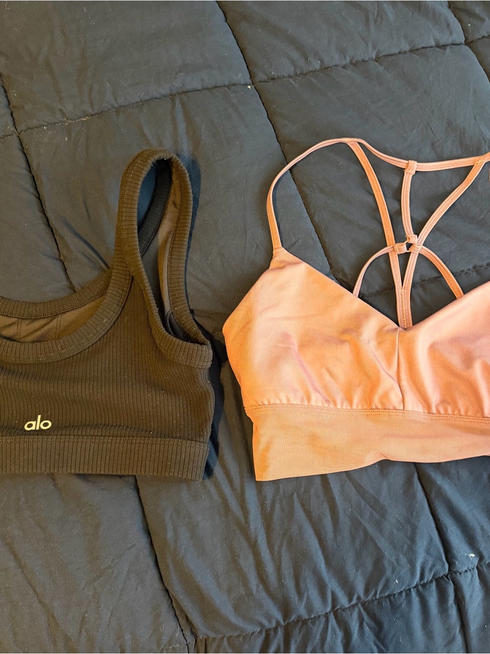 ALO Yoga Black Ribbed Sports Bra & Peach Strappy Bralette Set